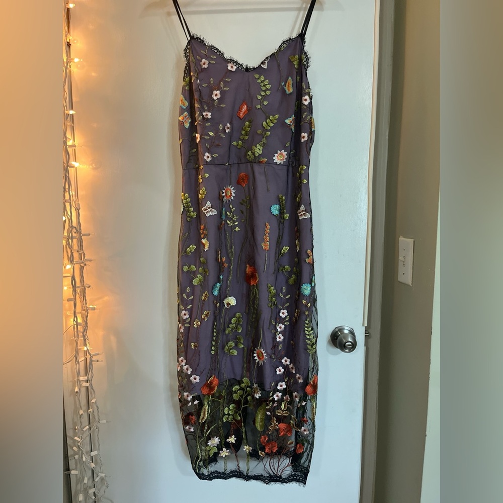 ECI Purple Floral Embroidered Slip Dress